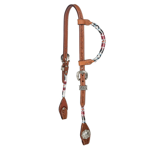 Tabelo Aztec Bead Headstall w/ Flower Tooling - Natural HORSE 1 for horses Western Tack, Headstall, Head...