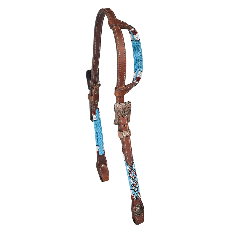 Tabelo Ear Headstall w/ Aztec Beaded Trim - Brown HORSE 1 for horses Western Tack, Headstall, ...