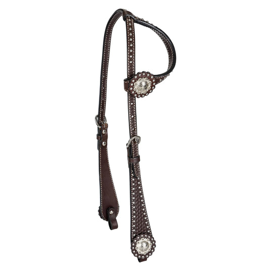 TABELO One Ear Headstall with Tooling & SS Spots - Brown HORSE 1 for horses Western Tack, Headstall, Hea...