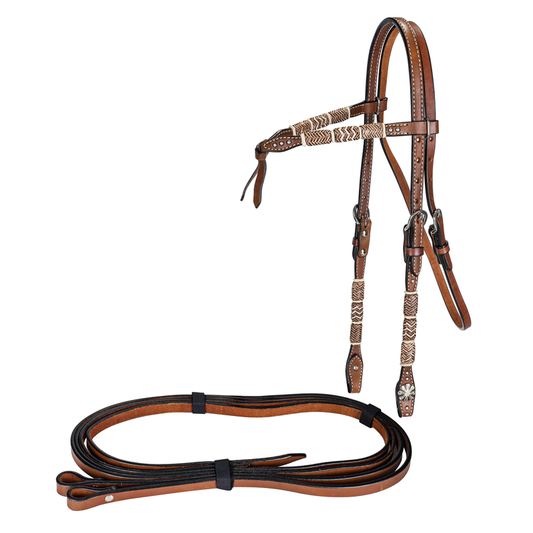 TABELO Knotted Browband Bridle with Rawhide - Chestnut HORSE 1 for horses Western Bridles, Tack