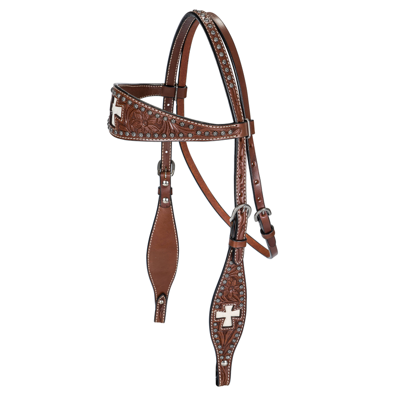 TABELO Browband Headstall with Tooling, Hair On Cross Inlay & Sun Spots - Chestnut HORSE 1 for horses Western Ta...