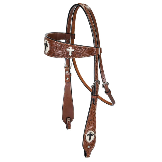 TABELO Browband Headstall Cross Inlay - Chestnut HORSE 1 for horses Western Tack, Headstall, &...