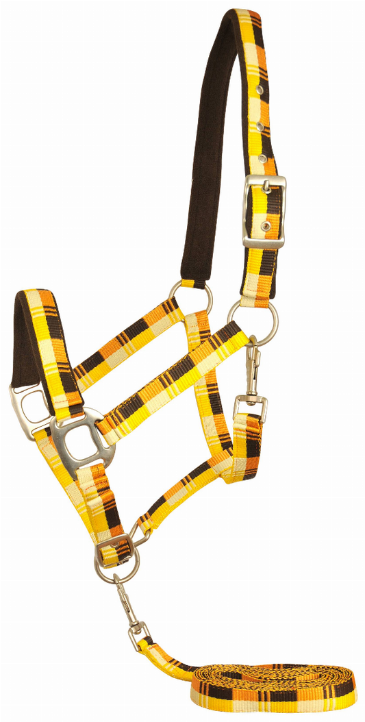 Gatsby Terra Fleece Padded Nylon Halter with Matching Lead - Yellow/brown/tan/orange PONY 1 for horses English T...