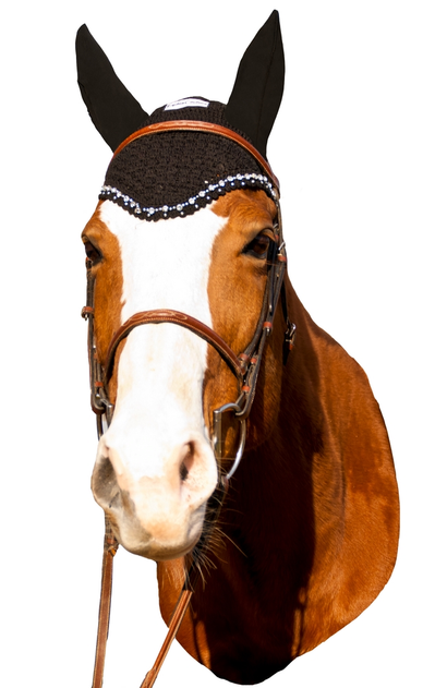 Equine Couture Fly Bonnet with Crystals - black COB 1 for horses Bonnets, Protection, Horse Clothing