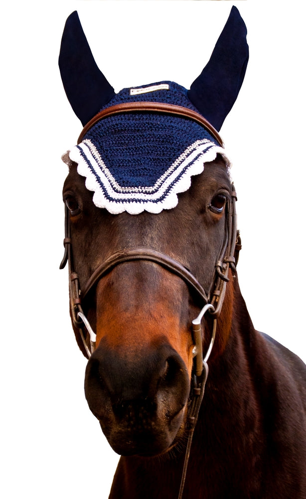 Equine Couture Fly Bonnet with Silver Lurex & Contrast Color - Ec navy/white COB 1 for horses Bonnets, P...