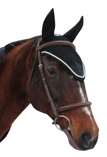 Equine Couture Fly Bonnet with Silver Rope - black COB 1 for horses Bonnets, Protection, Horse Clothing