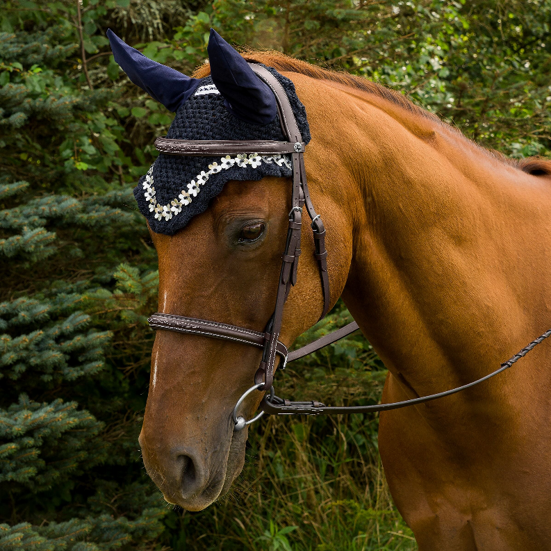 Equine Couture Floral Fly Bonnet - ec navy COB 1 for horses Bonnets, Protection, Horse Clothing