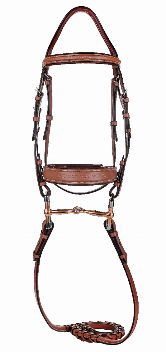 Laureate by Henri de Rivel Fancy Stitched Bridle with Wide Caveson and Laced Reins - Oakbark OVERSIZE 1 for horses...